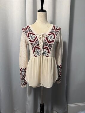 Abercrombie & Fitch Boho Sweater Ivory Chiffon Womens Size Small Lace Up